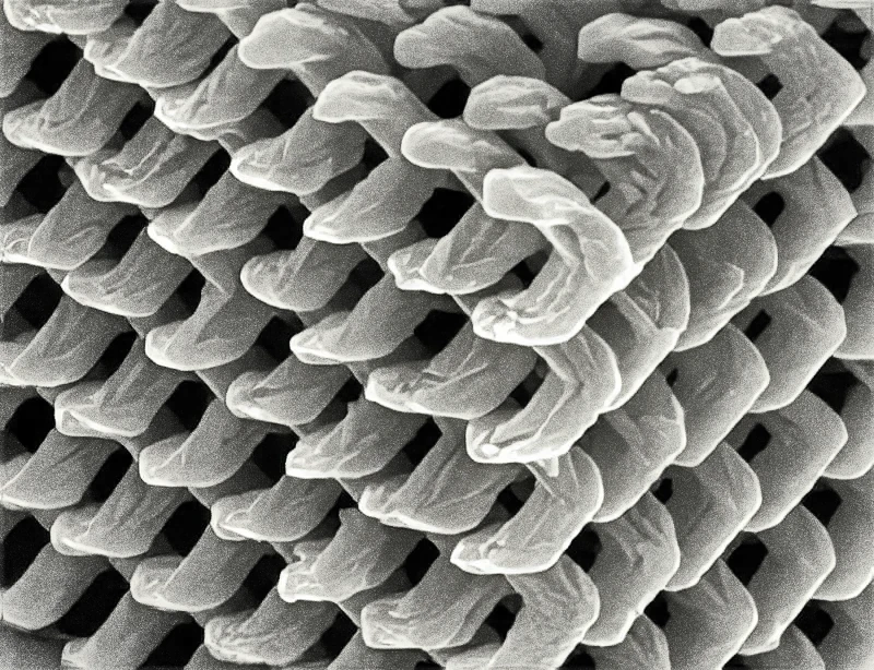 Microscope image of a textile surface cleaned by plasma