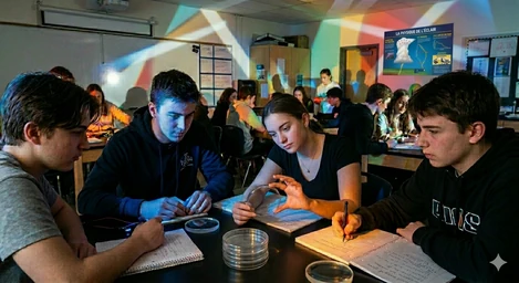 High school students gathered around a laboratory table with petri dishes and notebooks during a science activity